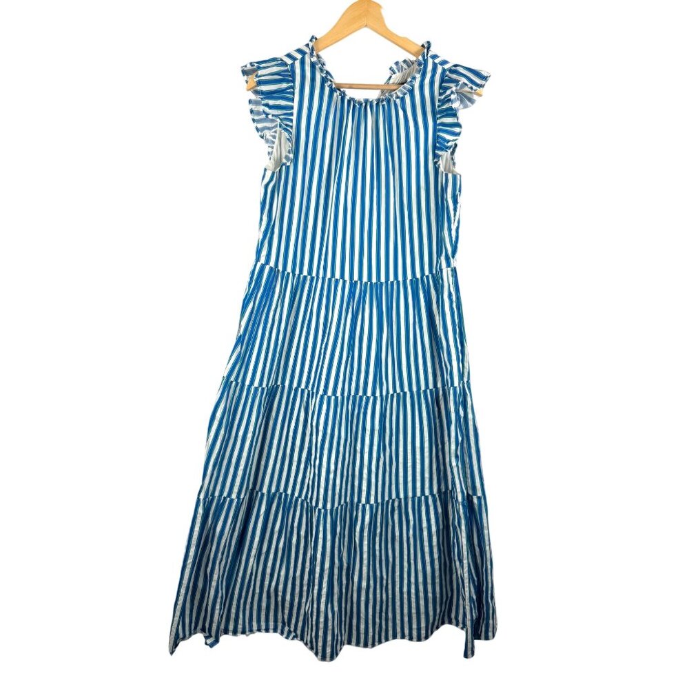 J.Crew Tiered Cotton Dobby ruffle dress cape‎ stripe preppy sz S - Picture 2 of 10